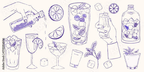 Hand drawn collection of refreshing summer cocktails and ingredients with ice cubes and citrus slices