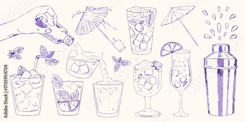 Hand pouring cocktail into glass with ice and garnishes surrounded by drink elements