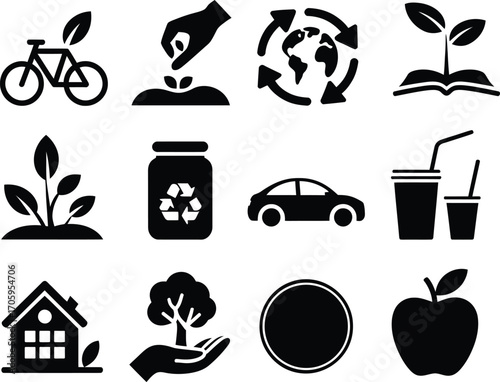Collection of eco friendly icons representing sustainability and environmental care concepts