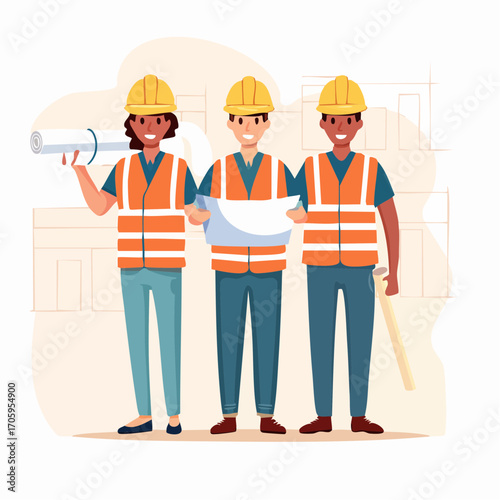 Diverse team of skilled construction workers and engineers collaborating on a building project, showcasing professional planning and efficient teamwork in architectural development