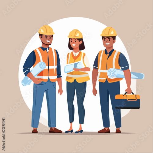 Construction Team Illustration Diverse Group of Engineers & Builders with Plans & Tools
