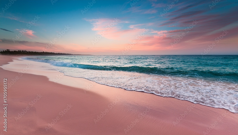 Obraz premium A Serene Beach Scene At Sunset With Gentle Waves Lapping At A Pink Sandy Shore