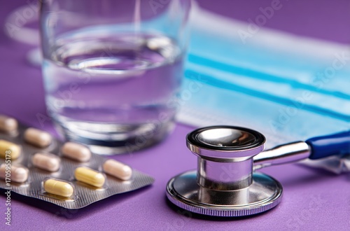 Medical still life capsules, stethoscope, glass of water, & mask on a purple backdrop. Health & wellness concept in shades of purple, blue, & yellow