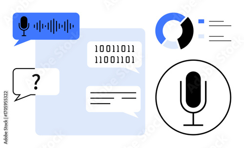 Digital icons including microphone, soundwave, binary code, chat bubbles, and analytics charts. Ideal for AI interfaces, voice technology, data visualization, communication machine learning tech