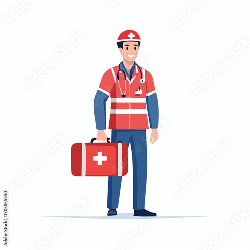 Smiling Male Paramedic with Medical Kit Ready to Provide Emergency First Aid and Healthcare Assistance, Full-Length Character Illustration on White Background