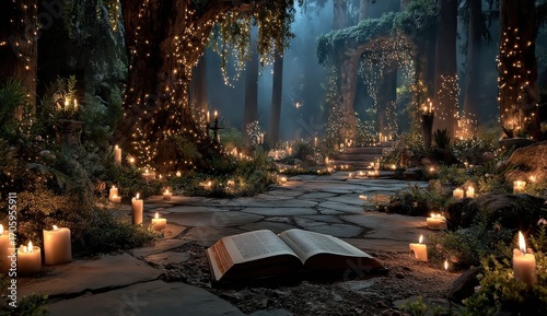 Step into a magical forest illuminated by candlelight, where an open book awaits your story in an enchanted, mystical setting