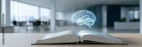 Banner glowing open book floating digital brain symbolize fusion human knowledge artificial intelligence.