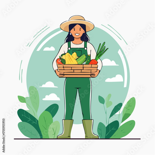 Happy Farmer Woman Holding Basket Full Of Fresh Vegetables And Fruits, Healthy Food Concept