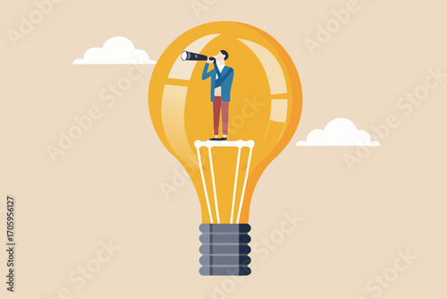 Man standing inside a bright yellow light bulb looking through a telescope towards the future with clouds in the background