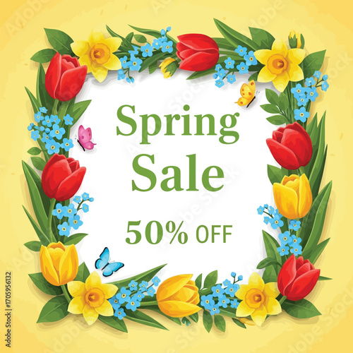 Spring Sale 50 Percent Off With Floral Border and Butterflies Keywords: spring sale, 50 percent off, discount, offer, promotion, flowers, tulips, daffodils, forget-me-nots, butterflies, floral