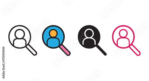 Minimalist User Search Icons Set – Magnifying Glass with Person Silhouette in Flat, Outline, and Decorative Styles for Profile Identification, Recruitment, and Interface Design



