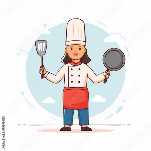 Delightful cartoon illustration of a cheerful female chef character, professionally equipped with a spatula and frying pan, embodying culinary passion and kitchen expertise