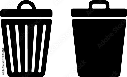 Two black trash can icons one slatted one solid