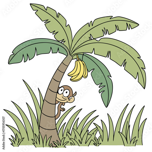 Cartoon Monkey Peeking from Behind a Palm Tree Surrounded by Tall Grass with a Bunch of Bananas Hanging Above