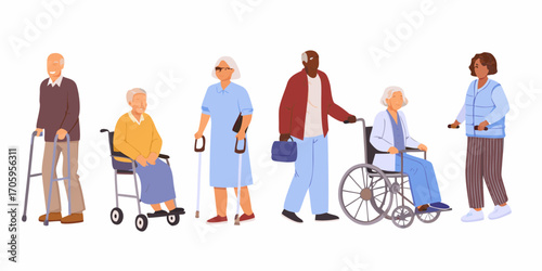 Diverse group of elderly people with mobility aids including canes walkers and wheelchairs