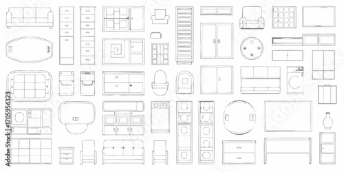 Collection of hand drawn furniture and home decor items in a top down view schematic style
