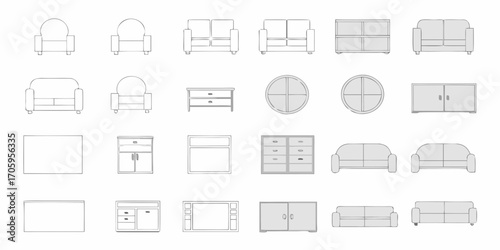 Collection of line art furniture icons including sofas armchairs dressers and cabinets