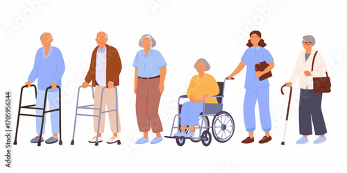 Diverse group of elderly people and a caregiver in a flat illustration style on a white background