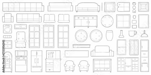 Collection of hand drawn line art illustrations of various furniture and home decor items