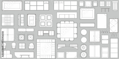 Collection of top down furniture and architectural elements icons for interior design and floor plans