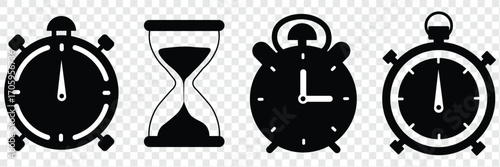 Hourglass icon set representing time management and countdown concept. Sand watch icon set. Hourglass symbol. A variety of time measuring devices including stopwatches and hourglasses against white 