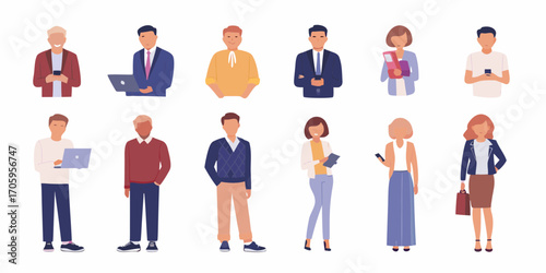 Diverse group of professional men and women standing and holding devices and documents