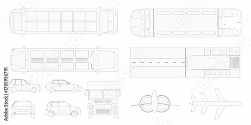 Collection of simplified line art vehicle illustrations including buses cars trucks and airplanes seen from top and front views
