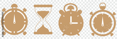Hourglass icon set representing time management and countdown concept. Sand watch icon set. Hourglass symbol. A variety of time measuring devices including stopwatches and hourglasses against white 