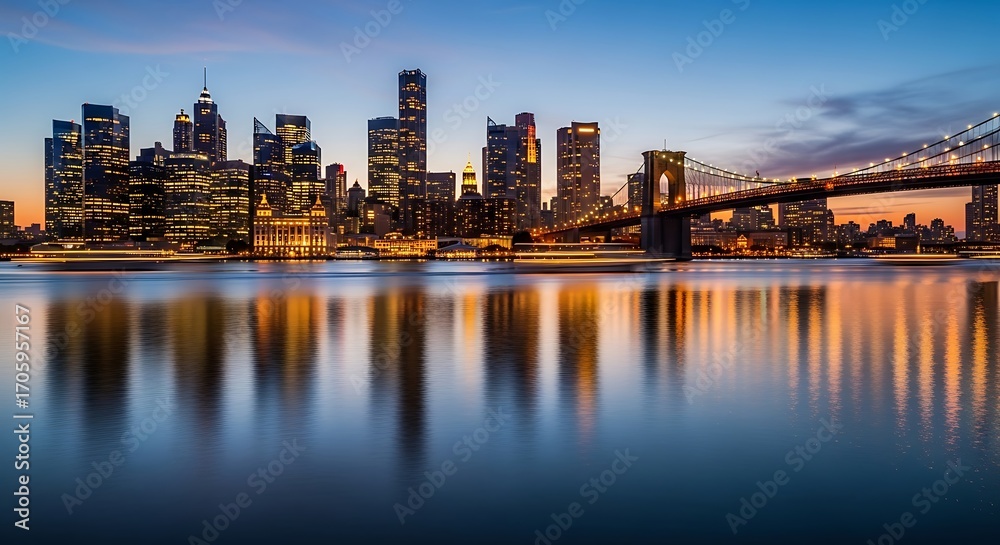 Obraz premium Stunning cityscape reflection at sunset.