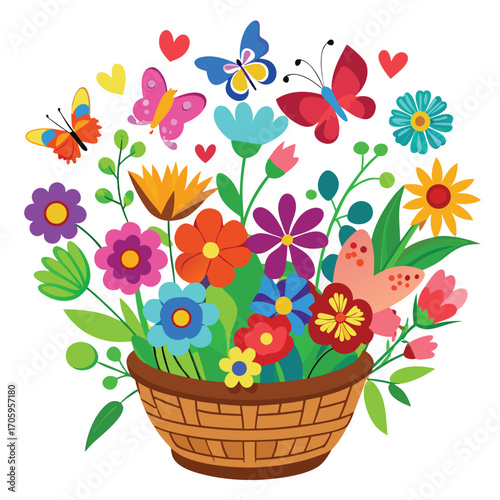 Cheerful Cartoon Floral Arrangement Bursting with Butterflies A vibrant and whimsical composition of colorful blooms in a woven basket with fluttering butterflies