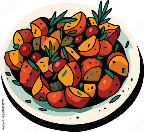 Colorful roasted vegetable dish with herbs on a plate. Editable EPS file perfect for healthy food concepts, nutrition themes, culinary projects, and vegetarian lifestyle content.