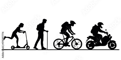 Silhouettes of four step riding Vehicles with people 