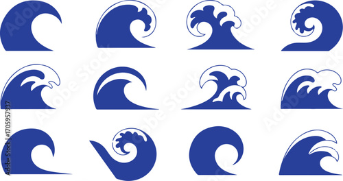 Collection of stylized ocean wave illustrations water blue