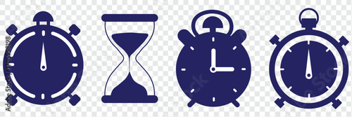 Hourglass icon set representing time management and countdown concept. Sand watch icon set. Hourglass symbol. A variety of time measuring devices including stopwatches and hourglasses against white 