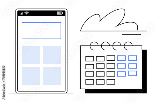 Smartphone screen beside a spiral calendar symbolizing organized planning, digital tools, and efficient time management. Ideal for scheduling, productivity, app design, planning, cloud storage