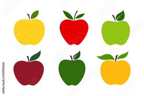 A set of simple bright multicolored apple icons, isolated on a white background, flat design, vector. Silhouette of a fruit with a leaf. Delicious fresh graphic element for design, decorations, covers