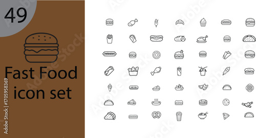 Fast Food Burger Icon, French Fries Icon, Pizza Slice Icon, Hot Dog Icon, Soft Drink Icon