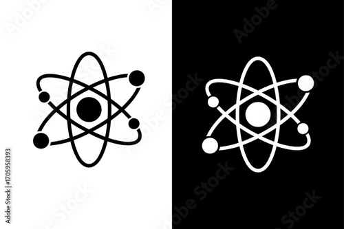 black and white Atom, orbital electrons. Nuclear energy, scientific research, molecular chemistry, physics science concept icon Silhouette vector style