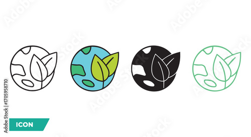 Eco Earth Icon Set – Stylized Planet with Leaf Symbols in Outline, Filled, and Decorative Vector Styles for Sustainability, Green Initiatives, Environmental UI, and Educational Design