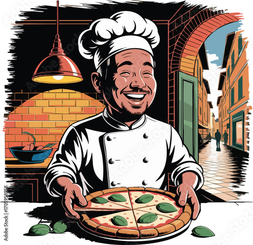 images of cheerful chefs presenting pizza