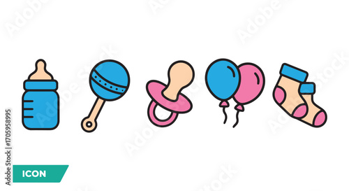 Baby Essentials Icon Set – Stylized Vector Illustrations of Bottle, Rattle, Pacifier, Balloons, and Socks in Flat, Decorative Styles for Parenting, Baby Shower, and Early Childhood Design