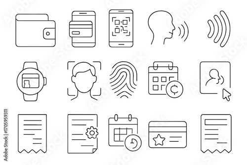 Technology and communication outline icon set. mobile, payment, interface images