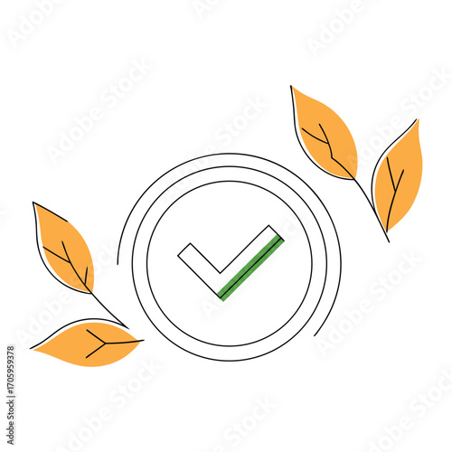 Vector art of check mark symbol with leaves and circular outline
