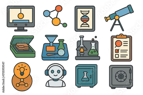 Science and education flat icon set. chemistry, biology learning flat icons collection
