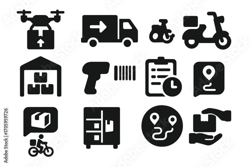 Logistics and delivery solid icon set. transportation, shipment essentials collection