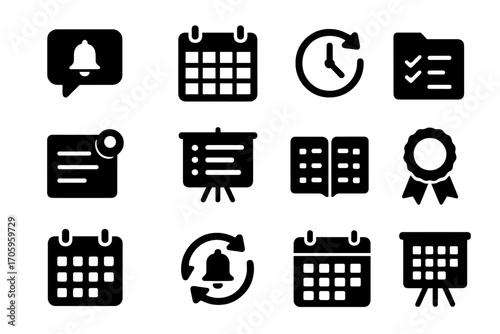 Productivity and time management solid icon set for efficient planning