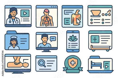 Medical and healthcare flat icon set. hospital, doctor, therapy, wellness collection