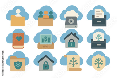 Cloud services flat icon set. secure storage, data management, backup solutions
