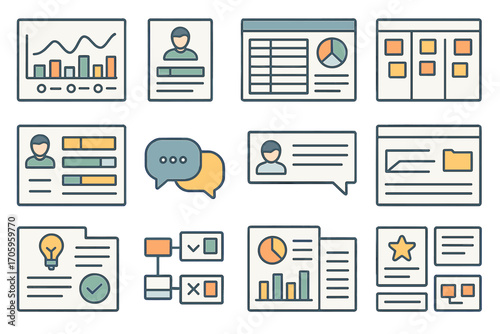 Data analysis and management icon set. flat style for reports and dashboards.