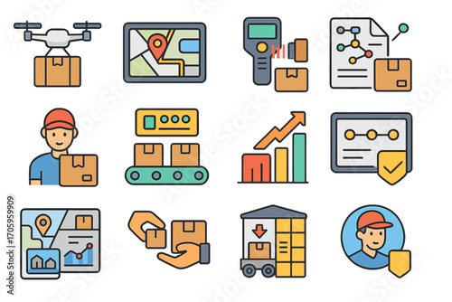 Delivery and logistics flat icon set. shipping, parcel, tracking, and transport collection